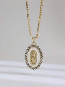 Multi-Style Zirconia Encrusted Oval Virgin Mary Pendant, Gold Plated Religious Catholic Jewelry, Faith Statement Ornament For Girls Holiday Gift - Virgin Mary - View 8