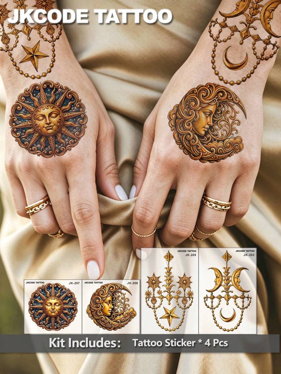 JKCODE TATTOO 4pcs Realistic 3D Sun Moon Star Temporary Tattoo Stickers, Fashion Hand Tattoo Stickers, Rococo Style Waterproof Women's Colorful Printed Tattoo Stickers, Simple Washable Party Tattoo Stickers, Lasts 3-5 Days - Multicolor - View 1
