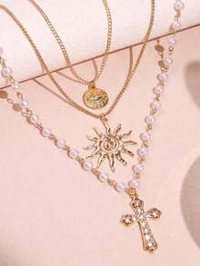3pcs Fashionable Retro Hip-Hop Punk Unique Exquisite High-End Faux Pearl Cross & Sunflower Pendant Necklace Set, Men's Daily Wear Holiday Party Jewelry - Multicolor - View 4