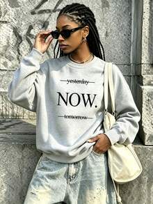 女款極簡文字印花圓領衛衣，「Yesterday Now Tomorrow」，秋冬休閒日常穿著，派對風格 - 灰色 - 查看 2