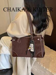 1pc Solid Color Fashion Square Suede Fabric Shoulder Bag Suitable For Commuting, Shopping, Etc. (With Pendant) - Coffee - View 4