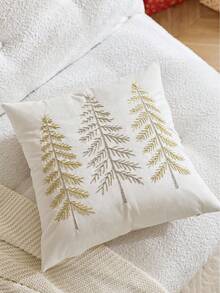 1pc Beige Christmas Tree Embroidered Pillow Case, Suitable For Indoor Decoration, Christmas Decoration, All-Season Pillow Case, Without Insert - Beige - View 7