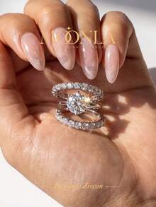 1pc Shiny Zirconia Round Ring Set, Women's Engagement Wedding Party Daily Wear Anniversary Jewelry Gift - Silver - View 5