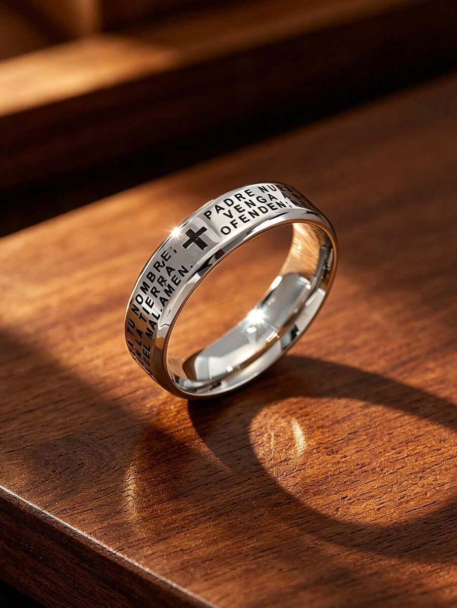 MONALLY Men's Stainless Steel Cross Ring, Engraved Spanish Padre Nuestro Lord's Prayer Religious Band Ring, Christian Faith Jewelry Gift For Men - Ring - View 1