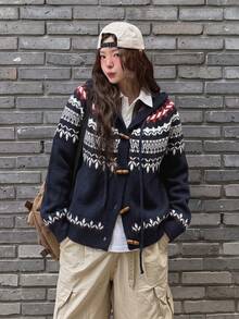 Casual Women's Hooded Cardigan With Toggle Closure Long Sleeve Regular Length Fair Isle Print Rib-Knit Hem For Winter Outfits - Black - View 3