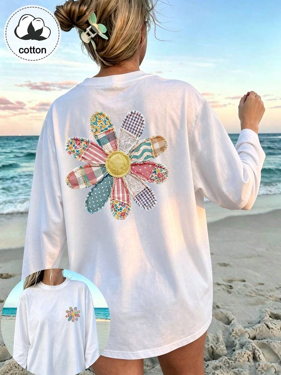 Plus Size Women's Patchwork Floral Print Round Neck Long Sleeve Casual T-Shirt, Spring Autumn Winter Daily Top White - White - View 1