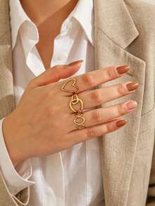 3pcs Stainless Steel Gold Fashion Elegant Minimalist Casual Geometric Oval Heart Rings Set Suitable For Women Daily, Holiday, Date, Shopping Wear - Multicolor - View 7