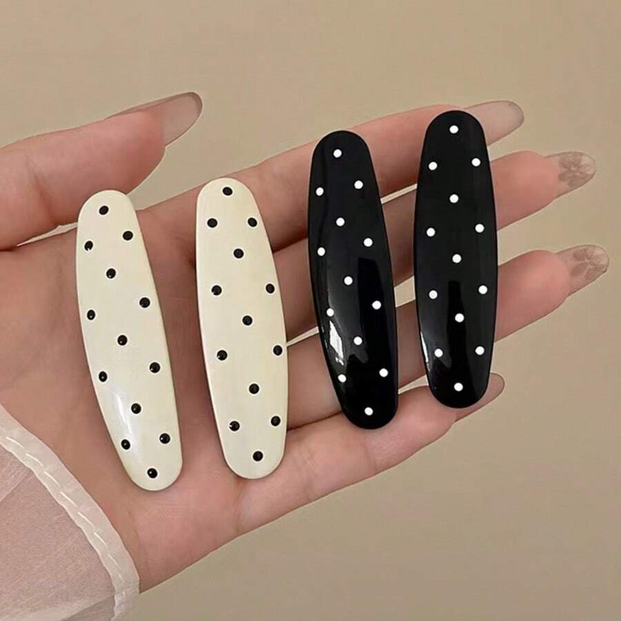 4pcs Vintage Polka Dot Hair Clips Black & White Color Block Hair Clips Simple Versatile Bangs Clips Suitable For Women's Daily Wear - Black + White - View 1