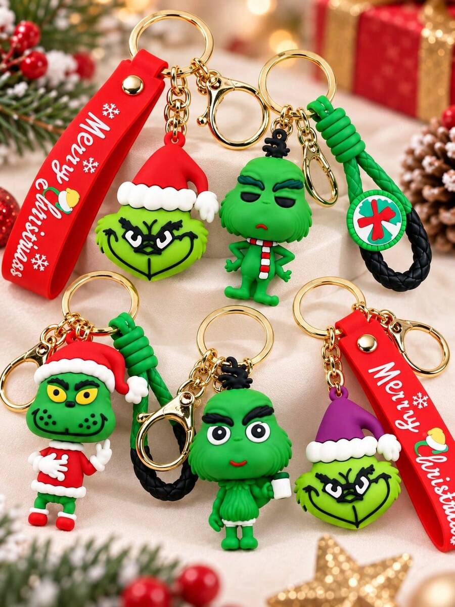 The Grinch Green Monster Christmas Keychain, 3D Silicone Heart-Shaped Green Monster Key Ring With Christmas Hat, Cute Bag Charm (For Wallet/Backpack/Car Keys), Christmas Stocking Filler, Mysterious Santa Claus Gift, Car Key Bag Charm Holiday Gift Accessory - Keychain - View 1