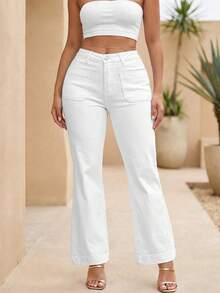Plus Size Women's Casual Flare Jeans With Pockets And Buttons, Suitable For Daily Wear, Especially For Parties Or Halloween - White - View 8