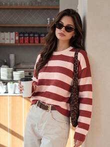 Aflion Women Summer Fall Red Pink Striped Knit Sweater, Round Neck Drop Shoulder Long Sleeve Cropped Pullover - Multicolor - View 10