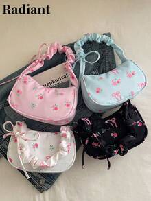 1pc Pleated Strap Women Underarm Bag, Tie-Up All Over Print Shoulder Handbag, Lightweight Portable For Commute Shopping Summer Travel Gift - Multicolor - View 1