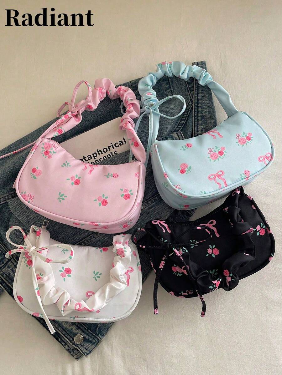 1pc Pleated Strap Women Underarm Bag, Tie-Up All Over Print Shoulder Handbag, Lightweight Portable For Commute Shopping Summer Travel Gift - Multicolor - View 1
