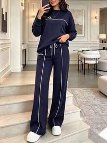 Women Autumn Casual Sports Contrast Striped Side Long Sleeve T-Shirt And Loose Wide Leg Pants Set,Back To School - Navy - View 7