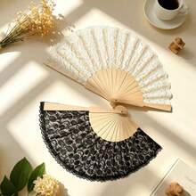 Folding Bamboo Fan Dance Prop Performance Fan Lace Embroidered Hollow Vintage European Court Style Fan - Multicolor - View 3