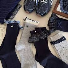 Random 1 Pair Cute Girly Plaid Lace Trim Mid-Calf Socks, Versatile Autumn/Winter Style - Multicolor - View 8