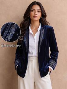 Women's Velvet Blazer Jacket With Floral Embroidery On Collar And Cuffs, Long Sleeve, Slim Fit, Open Front, Versatile Commuter Top For Autumn/Winter - Navy Blue - View 2
