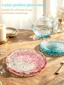 2pcs Gradient Glass Coasters, Transparent Asymmetrical Round Coasters With Ice Crack Pattern, Multi-Functional Coasters, Decorative Coasters, Suitable For Various Cups And Kitchen Countertops, Perfect Gift Choice - Multicolor - View 4