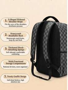 1pc Fashion Pattern Multi-Purpose Backpack, Popular Lightweight Printed Backpack, Fashionable Outdoor Commuter Bag, Large Capacity Travel Bag, Multi-Function Storage Backpack, Adjustable Shoulder Straps, Back To School, Valentine's Day Best Gift, Gift For Friends Or Others, Gift For Men, A Fun Gift - Black - View 8