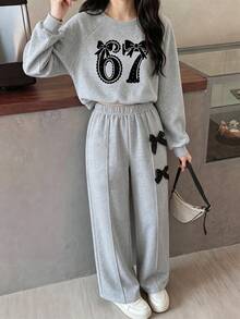 Girls' Fashion Gray Numeric Print Round Neck Long Sleeve Top And Wide Leg Pants With Bow Decor, Autumn/Winter - Light Grey - View 1