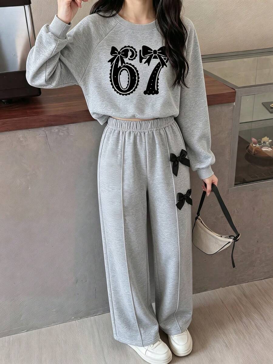 Girls' Fashion Gray Numeric Print Round Neck Long Sleeve Top And Wide Leg Pants With Bow Decor, Autumn/Winter - Light Grey - View 1