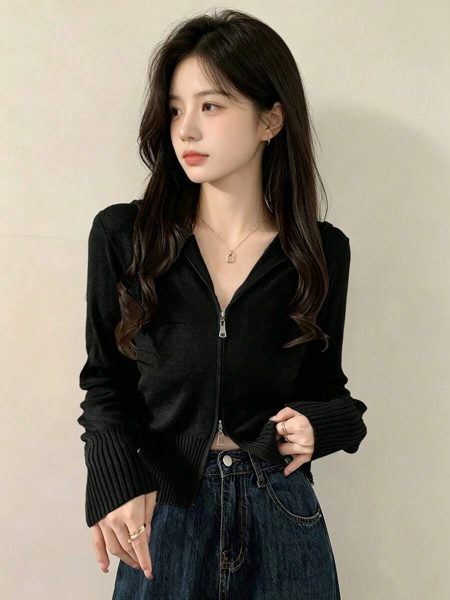 女款純色前拉鍊長袖極簡休閒上衣,日常穿著黑色秋季款 - 黑色 - 查看 1