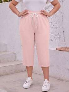 Jisfaneya Women's Plus Size Casual Solid Color 3/4 Length Pants, Elastic Waistband With Drawstring And Pockets Pink Summer - Pink - View 1