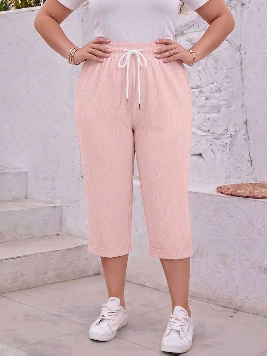 Jisfaneya Women's Plus Size Casual Solid Color 3/4 Length Pants, Elastic Waistband With Drawstring And Pockets Pink Summer - Pink - View 1