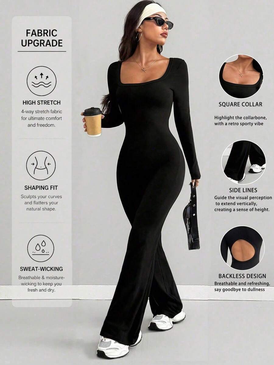 VENORA Women Square Neck Long Sleeve Jumpsuit, Back Cutout Flared Leg One‑Piece Outfit, High Stretch Bodycon Slim Fit Black Jumpsuit For Daily,Fall - Black - View 1