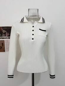 Korean Style Casual Color Block Ribbed Polo Collar Half-Button Pocket Long Sleeve Slim Fit Ribbed Knit Top For Women, Autumn/Winter - White - View 6