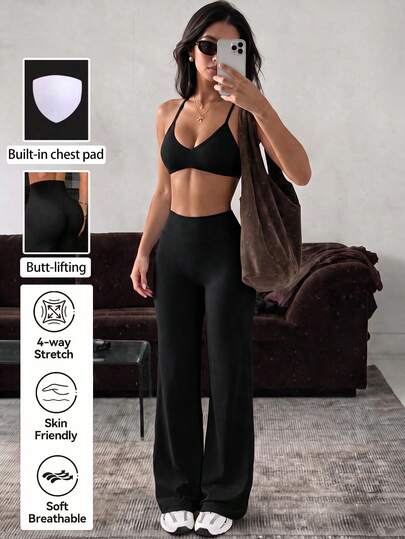 Conjunto Esportivo Feminino NOIRLYN de 2 Peças para Outono/Inverno: Top Esportivo com Decote em V e Alça Halter + Calça de Yoga Reta de Cintura Alta e Perna Larga, Adequado para Corrida, Academia e Fitness
