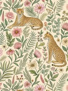 1 Roll Vintage Jungle Leopard Floral Self-Adhesive Wallpaper, Soft Pink Flowers Green Leaves Leopard Animal Pattern, Peel And Stick Waterproof Wall Decal For Nursery, Bedroom, Living Room, Cabinet DIY Renovation Decoration - Multicolor - View 2