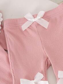 2pcs Baby Girl Pink Soft Cute Comfortable Ruffle Collar Ribbed Long Sleeve Bodysuit & Flared Pants Set, Thin Spring/Autumn - Pink - View 3