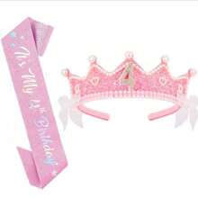 Birthday Crown Headband And Shoulder Strap Set, Pink Glitter Pearl Princess Crown With Lace Bow, Birthday Party Decoration Accessories - Multicolor - View 4