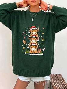 Plus Size Women Cute Bow Teddy Bear Print Loose Long Sleeve Pullover Sweater - Dark Forest Green - View 3