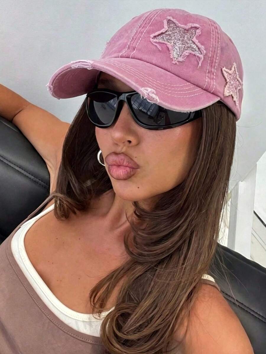 1pc Women's Y2K Baseball Cap, Star Distressed Patchwork Trucker Hat, Adjustable Soft Top Sun Hat, Suitable For Street, Daily, Outdoor, Travel, Party Outfit Accessory - Star Patch Baseball Cap - View 1