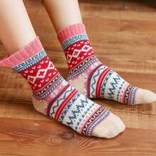 1pair/3pairs/5pairs, Autumn/Winter Vintage Geometric Jacquard Mid-Calf Socks, Fair Isle Colorful Diamond Pattern Thick Warm Socks - Multicolor - View 3