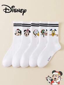 1/5 Pairs Disney Men's Mid-Calf Socks, Double Stripe Cartoon Graphic, Simple Breathable Sports Socks, Christmas Gift Socks - Multicolor - View 14