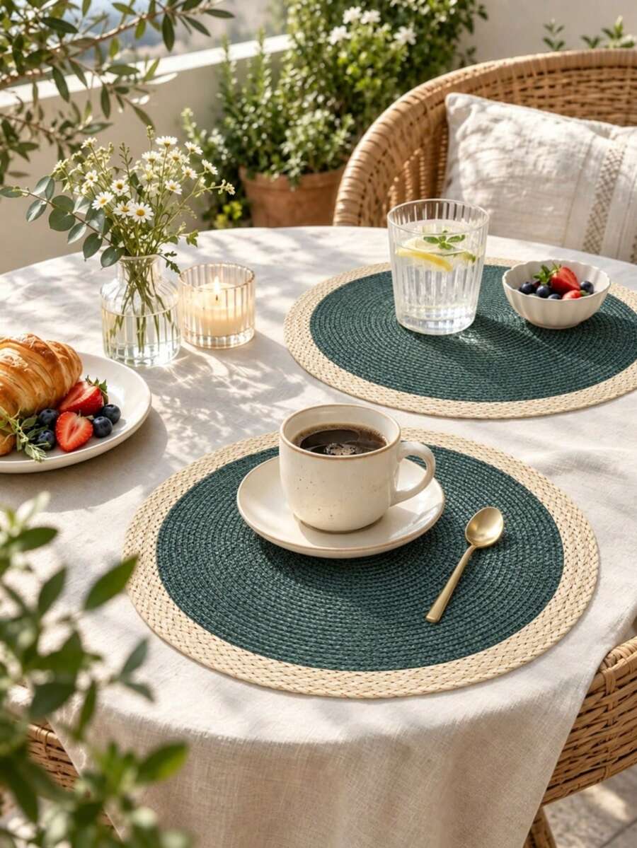 Woven Edge Round Placemats Set (1/2/4/6 Pcs), 15 Inch Woven Placemats, Suitable For Kitchen And Dining Room, Washable, Perfect For Daily Use, Party, Wedding Decor, Christmas And Other Occasions - Green - View 1