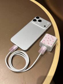 3pcs Set US Standard Charger Head Cable Protector Anti-Breakage Sleeve, Fashion Decorative Charger Accessories, Painted Pink Striped Bow Pattern. Suitable For 18W/20W Apple Charger Power Adapter, Protective Cover, Transparent Anti-Shatter Cover, Protects Phone And Charger, Cable Protective Sleeve (Protective Sleeve Only, Charger And Data Cable For Display Only) - Multicolor - View 3