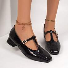 Women's Square Toe Glossy Mary Jane Shoes With Buckle T-Strap And Chunky Heel, Daily Commute Versatile Low Vamp Shoes - Black - View 1