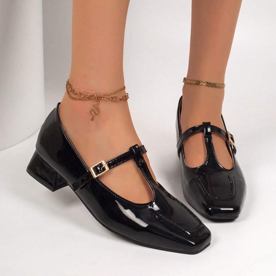 Women's Square Toe Glossy Mary Jane Shoes With Buckle T-Strap And Chunky Heel, Daily Commute Versatile Low Vamp Shoes - Black - View 1
