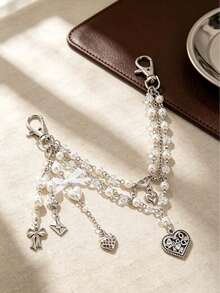 1pc Sweet Cool INS Style Faux Pearl Beaded Bag Chain, Creative Heart Bow Tassel Bag Charm Pendant - Silver - View 3