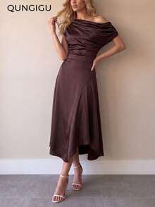 QUNGIGU Women's Asymmetric Satin Midi Dress Elegant Formal Gown For Wedding Guest Graduation Going Out - Brown - View 1