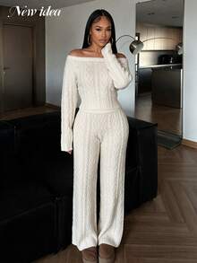 NEW IDEA Women's Casual White Fall Winter Sweater Two‑Piece Set, Off‑Shoulder Cable Knit Cropped Top + Wide Leg Pants For Daily, Dating, Going Out - White - View 3