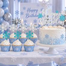 1Pc/40Pcs/41Pcs/Set Happy Birthday Cake Topper Set Silver Blue Glitter Snowflake Cupcake Toppers Winter Birthday Party Cake Decorations For Birthday Party Supplies - Multicolor - View 3