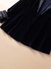 Women's Velvet Blazer Jacket With Floral Embroidery On Collar And Cuffs, Long Sleeve, Slim Fit, Open Front, Versatile Commuter Top For Autumn/Winter - Navy Blue - View 8