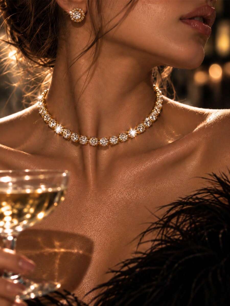 Fashionable Glamorous Sparkling Rhinestone Tassel Necklace, Charming Collarbone Chain Jewelry Neck Chain, Beach Party Vacation Jewelry Necklace, Valentine's Day Gift - Gold - View 1