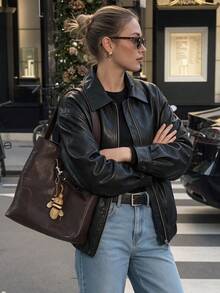 Women's Fashion Black PU Leather Jacket, Zipper Closure, Long Sleeve Lapel Collar, Regular Length, Suitable For Autumn/Winter Fashion Outfits - Black - View 8