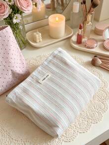 1pc Sweet Pink Cosmetic Bag For Women Soft Fabric Zipper Makeup Organizer Large Capacity Make Up Pouch Jacquard Clutch Pouch Grid & Strip Toiletry Bag - Multicolor - View 6